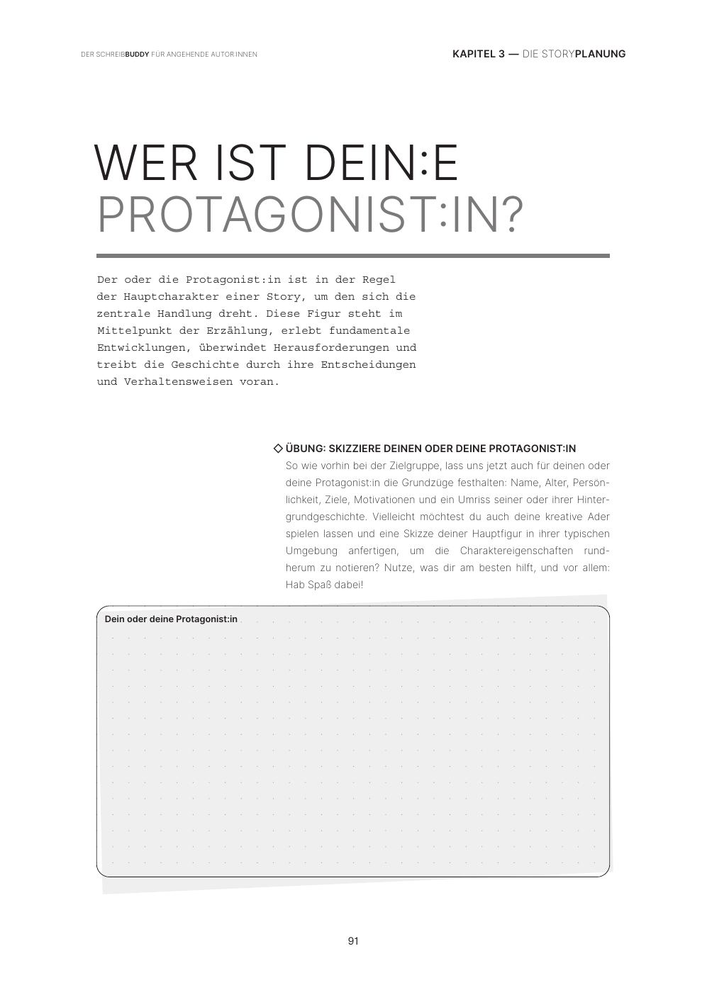 Teil 1: Wer ist dein:e Protagonist:in? – Beispielseite aus dem STORYBOOK