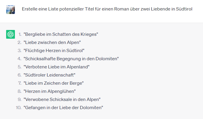 ChatGPT Recherche für potenzielle Buchtitel eines Liebesromans