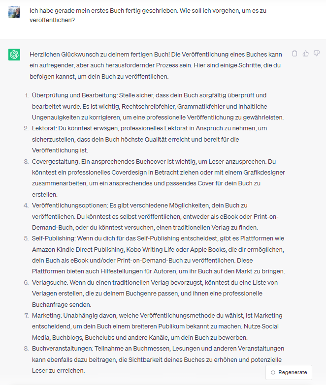 ChatGPT Output für den Prozess zur Veröffentlichung eines Buches